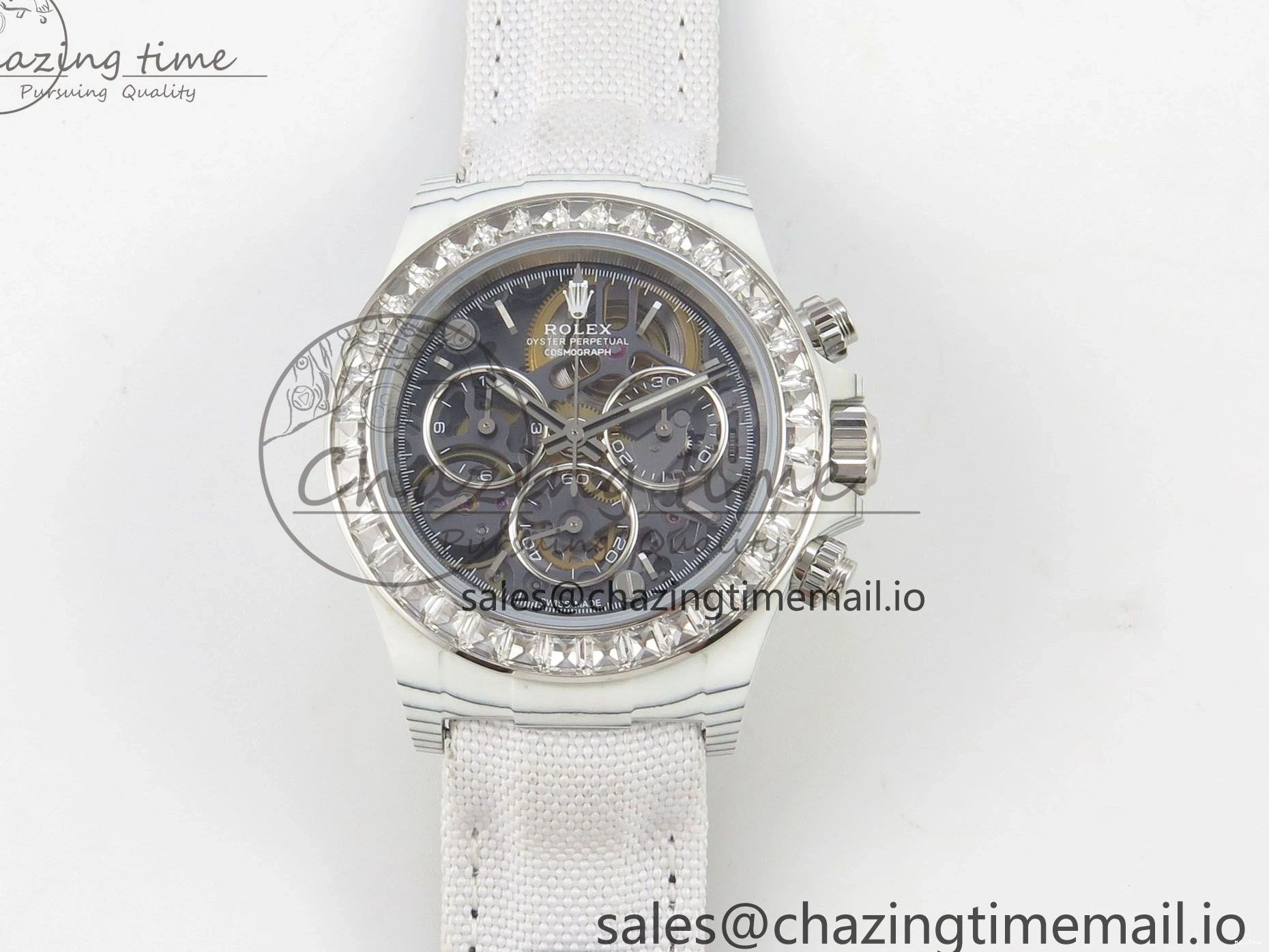 MiroTime 0301 Daytona Cosmograph White Carbon MPF Best Blaken Skeleton Dial on White Nylon Strap A FreshLook 314